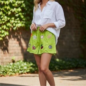 Summer Lime Green Embroidered Patch Shorts | Size Small | New